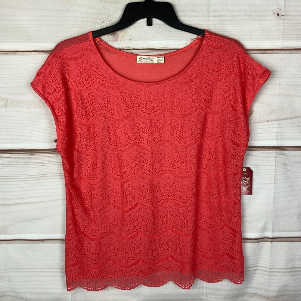 Faded Glory Top Womens XL Orange Lace Blouse Cap Sleeve Scoop‎ Neck Solid Knit